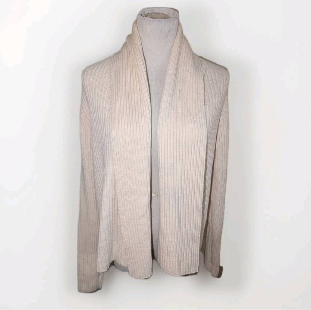 Eileen Fisher Cream Ribbed Shawl Collar Merino Wool Cardigan Small
